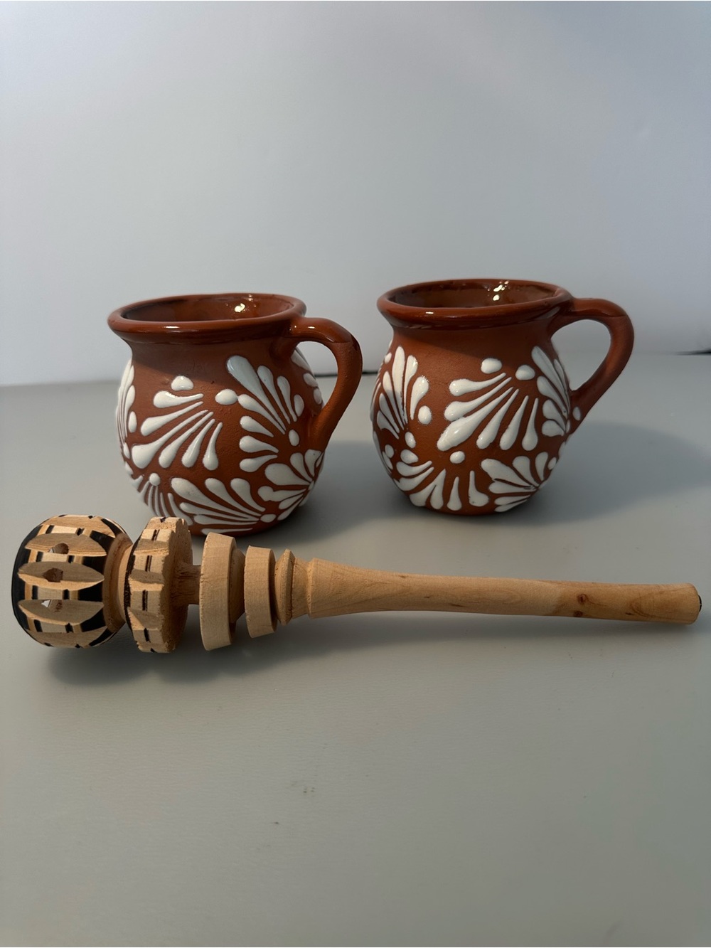 Terracotta clay Mugs with hand painted Floral Pattern - Set of 2 & wooden whisk